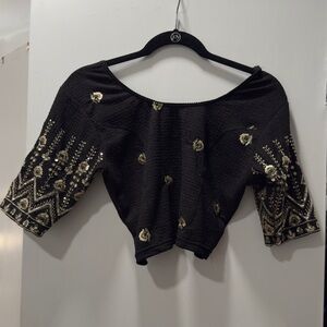 Women’s Black and Gold Embroidered crop top Indian wedding , sarees stretchable